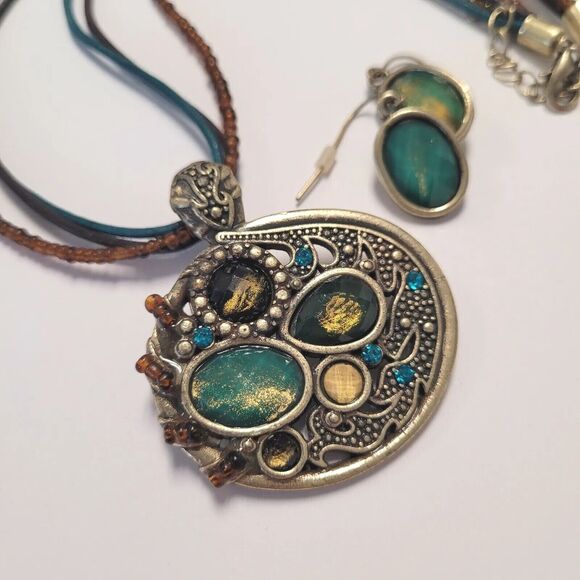 Art to Wear Boho Choker Necklace Earring Set Retro Art Deco Bead Stone Cabochon - Picture 2 of 6